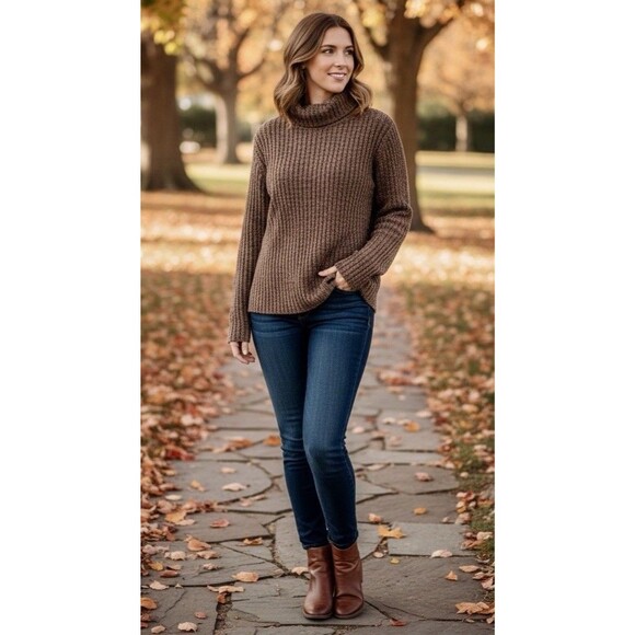 Women’s Brown Ribbed Knit Turtleneck Sweater Classic Cozy Fall Winter Size Lg - Picture 2 of 8